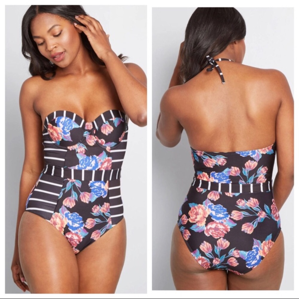 Floral Stripe Bandeau One-Piece Swimsuit - Black
